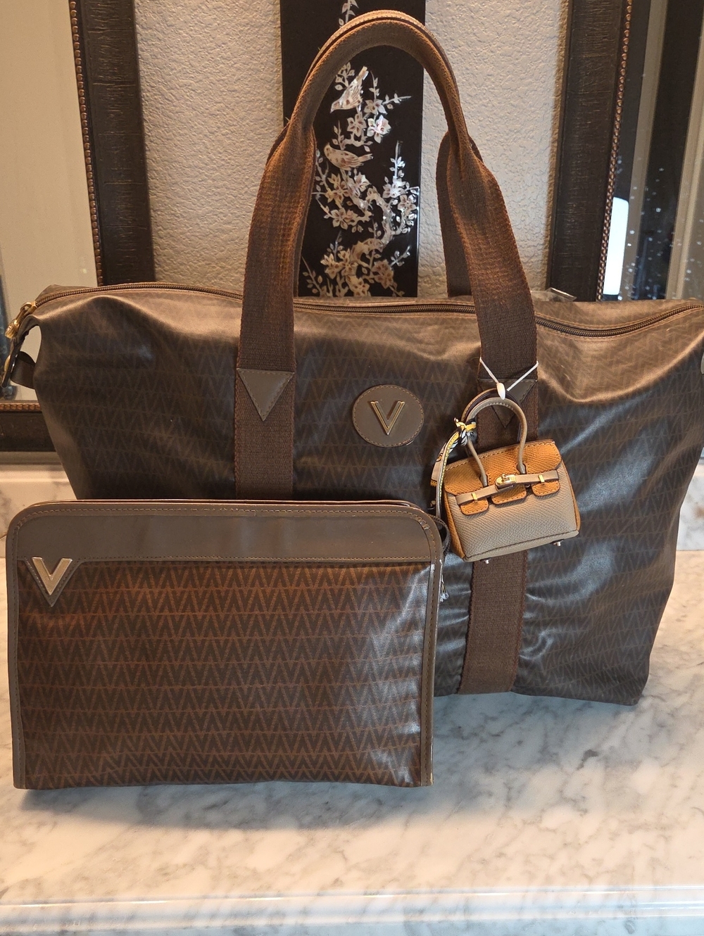 Mario Valentino Brown and Gold Logo Plaque Tote, Matching Cosmetic Pouch EUC